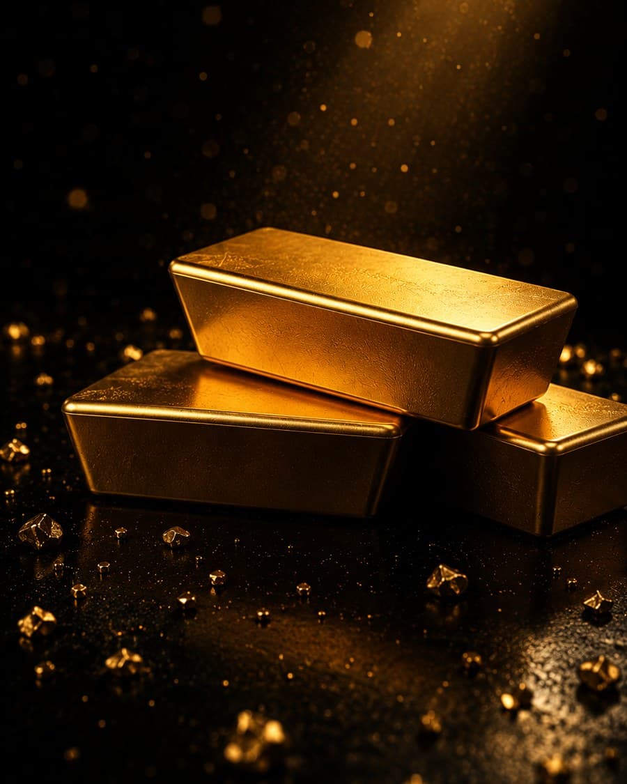 Three cast gold bars stacked on a dark surface under a shaft of warm light, scattered with small gold grains, carrying no refiner markings.